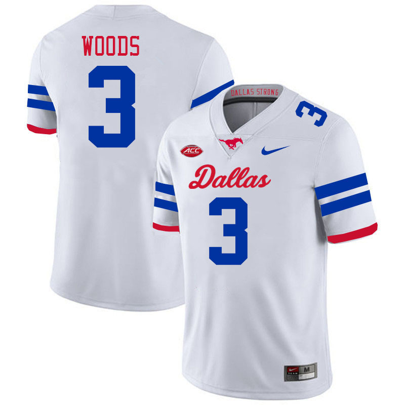 SMU Mustangs #3 Charles Woods Jersey College Football Uniforms-Dallas White